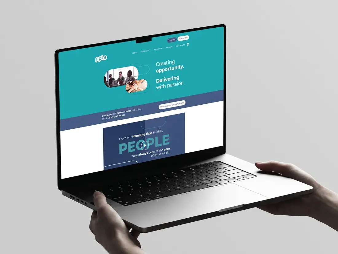Laptop held in two hands showing the PPLE Group website with a teal hero and the line Creating opportunity, delivering with passion.
