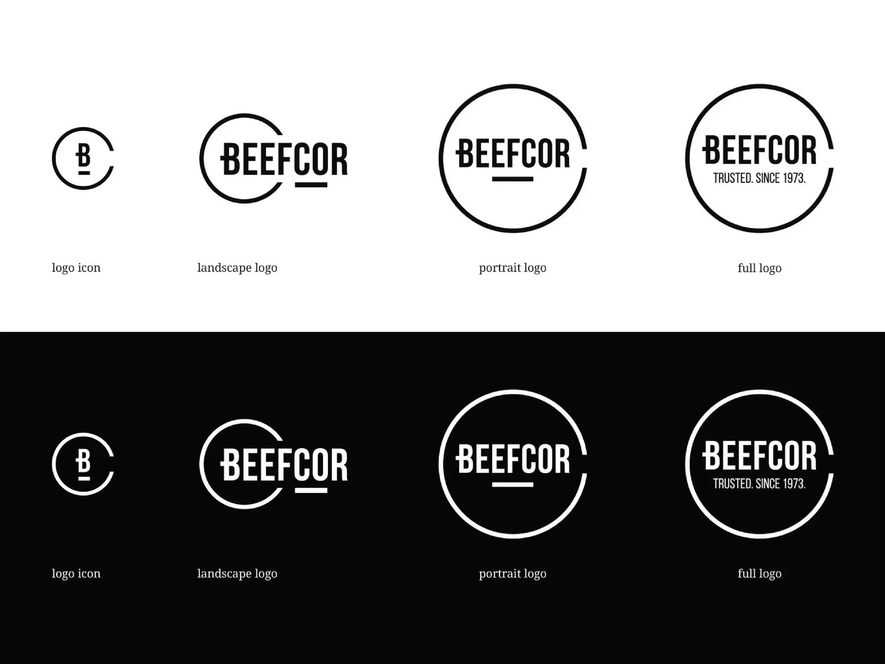 Beefcor logo variants on white and on black: icon, landscape, portrait and full badge versions.