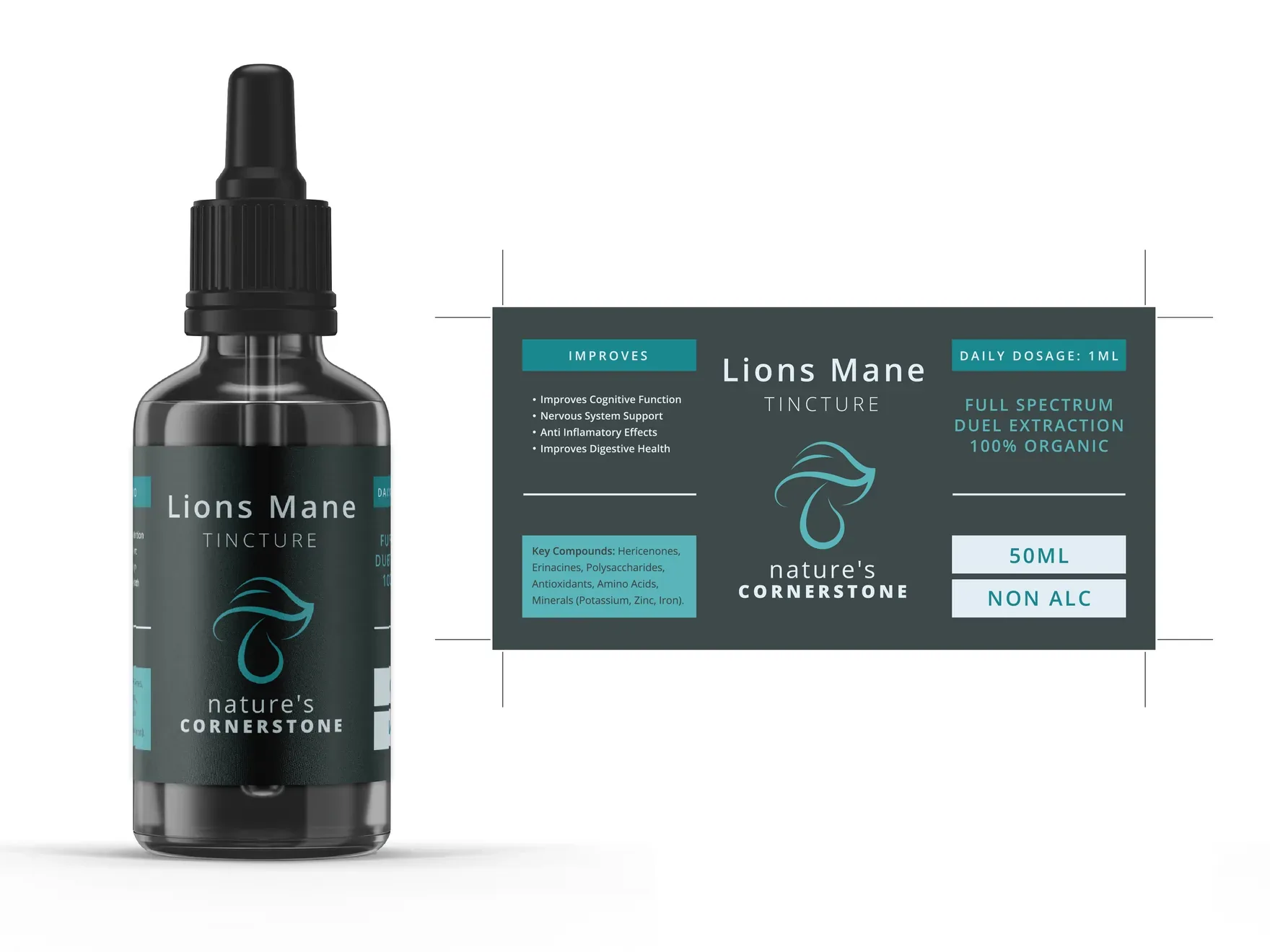 Lion’s Mane tincture bottle beside its flat dark-teal label with the mushroom mark.