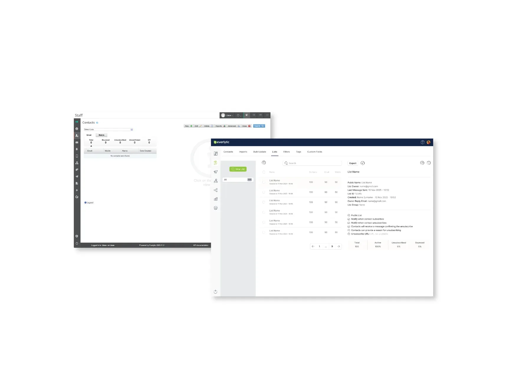 Everlytic Next list and detail views showing a data table with filters beside a record detail panel.