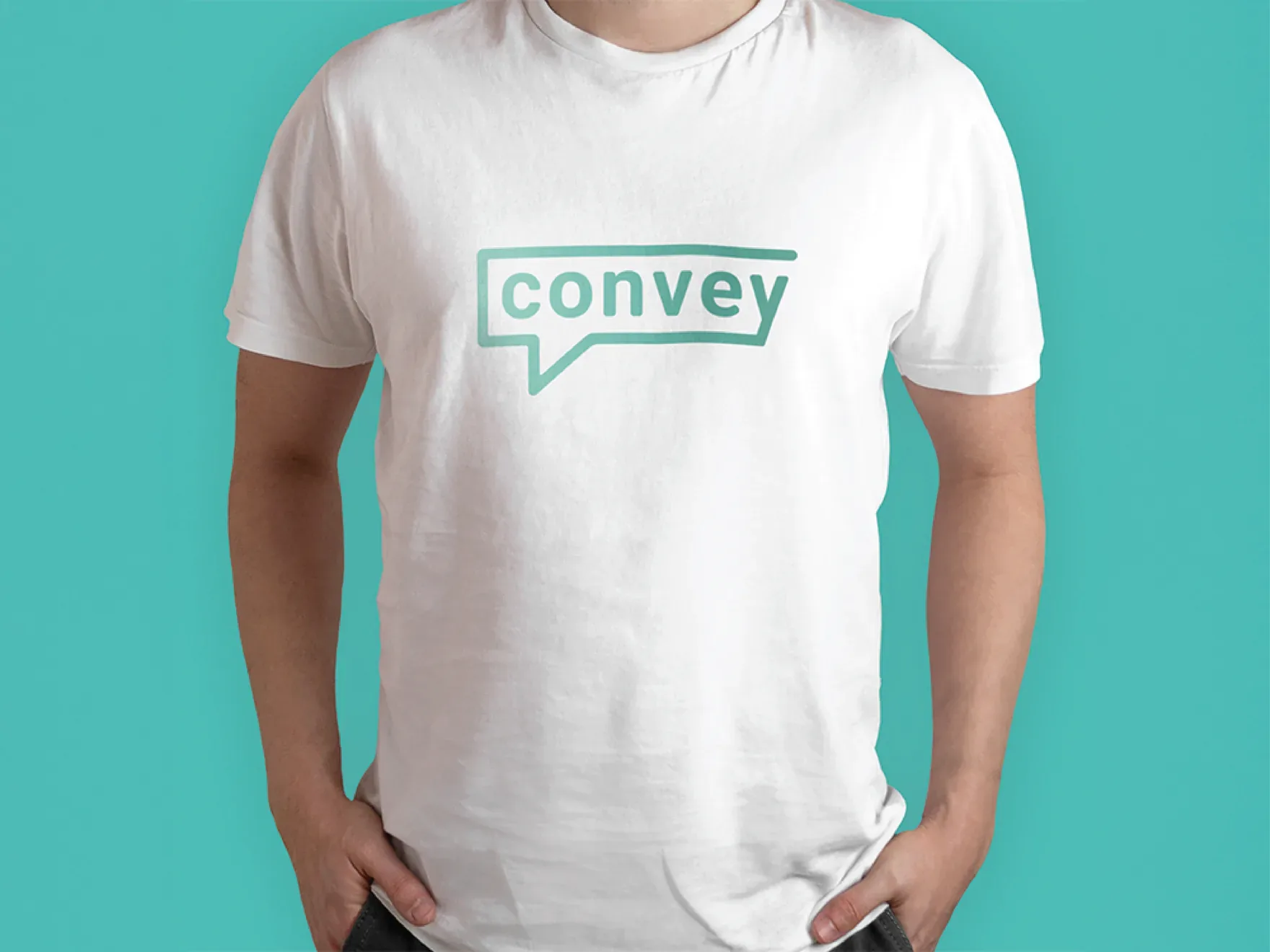 Person wearing a white t-shirt with the teal Convey speech-bubble logo against a teal background.