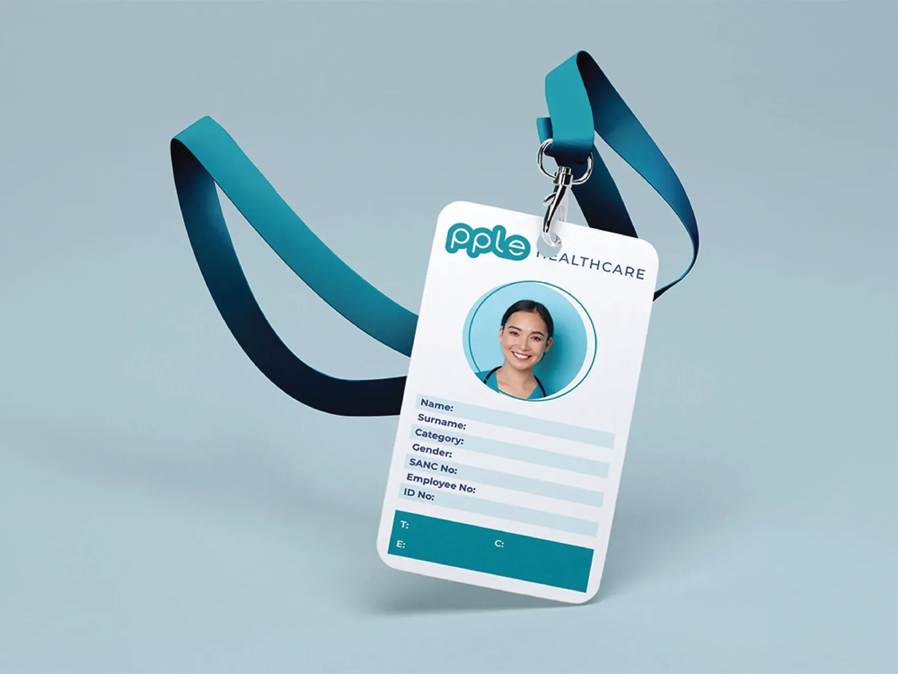 PPLE Healthcare staff ID card on a teal lanyard, showing the division lockup and employee details.