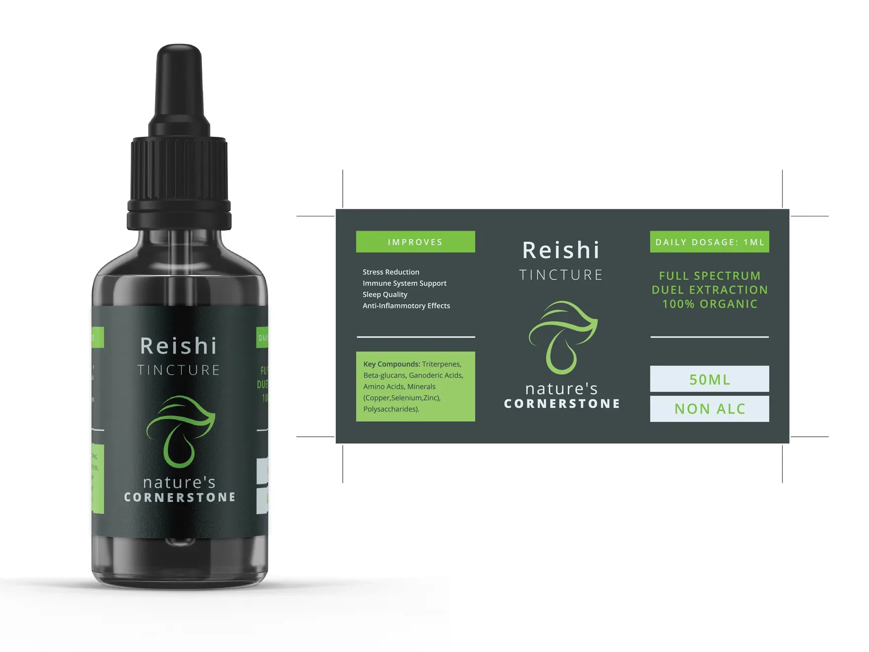 Reishi tincture bottle beside its flat dark label with a lime-green accent and the mushroom mark.