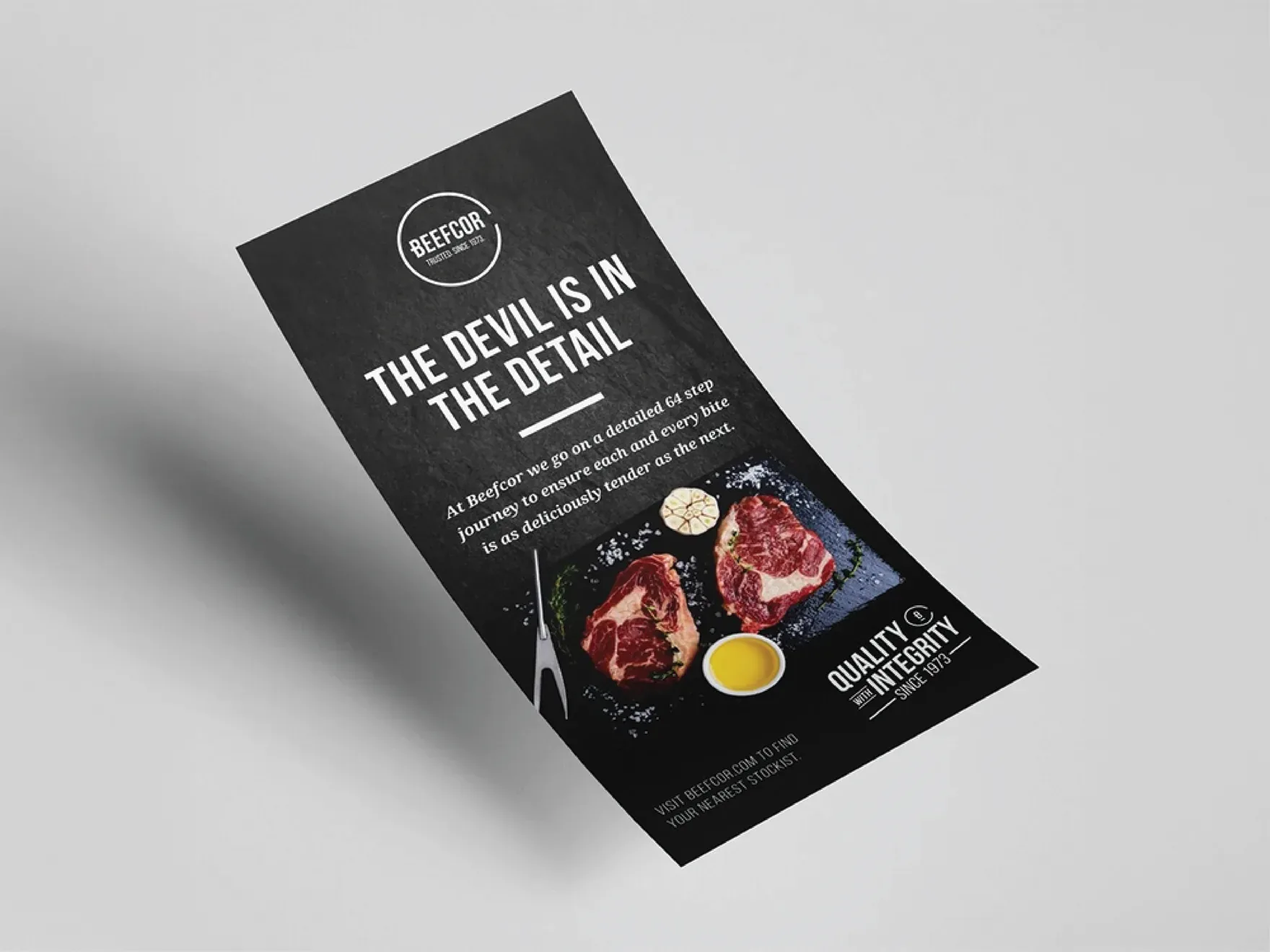 Black Beefcor flyer reading The devil is in the detail, with a plated steak photograph and the quality with integrity badge.