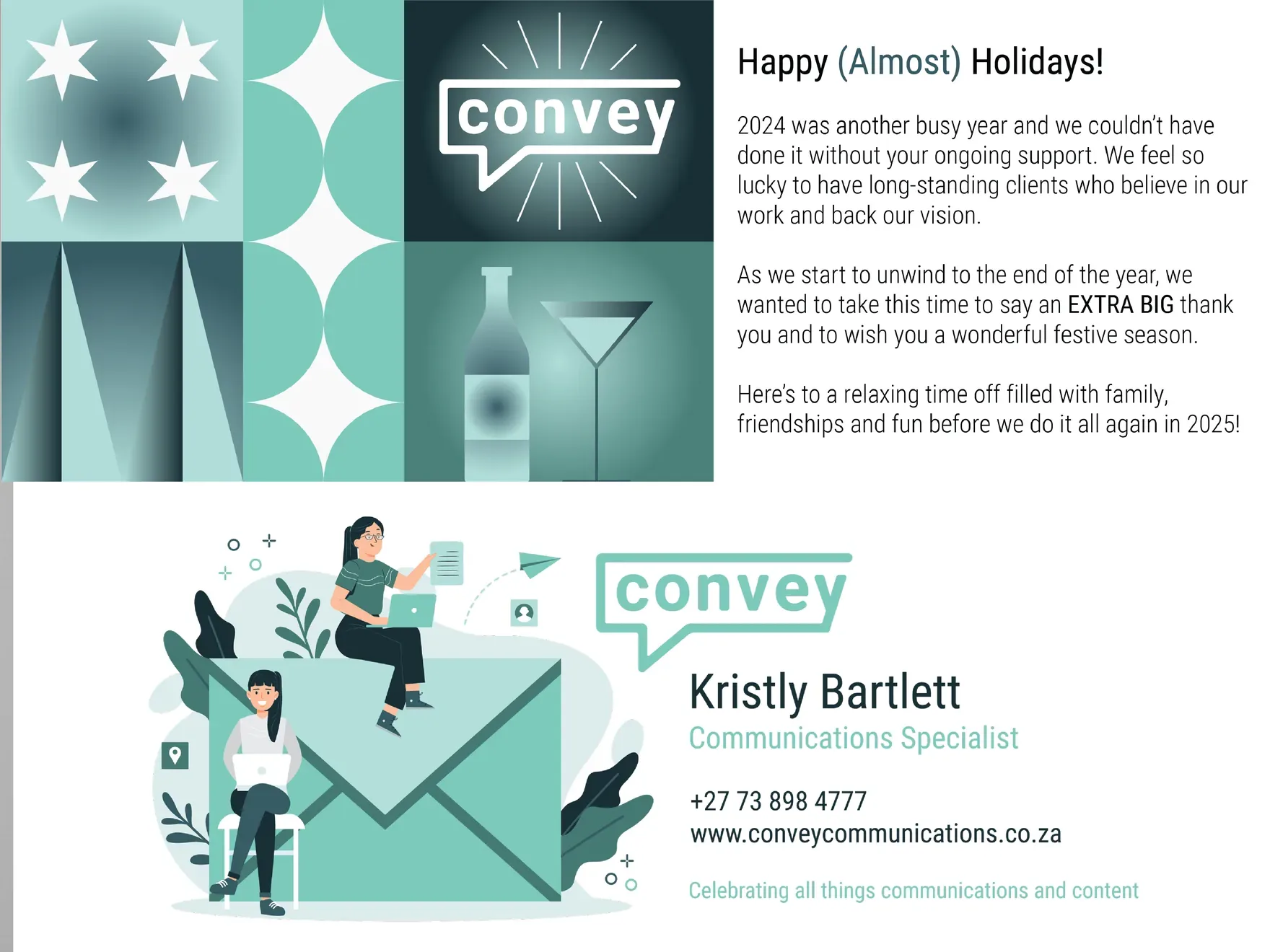 Convey holiday email graphic in teal geometric shapes beside an email signature with an illustration and the founder’s contact details.