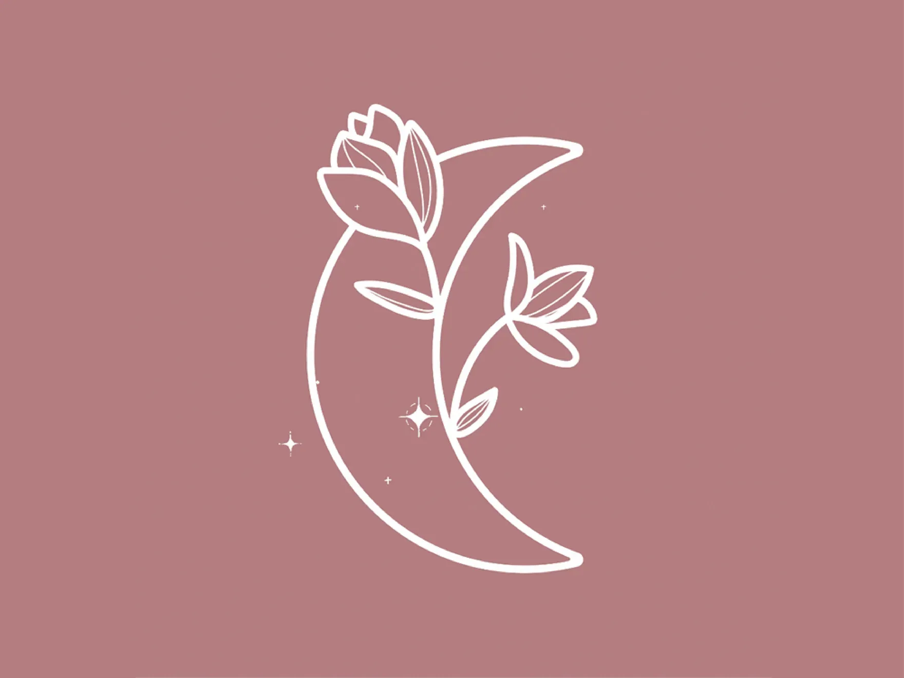 White fine-line crescent moon and bloom mark with small stars on a mauve background.