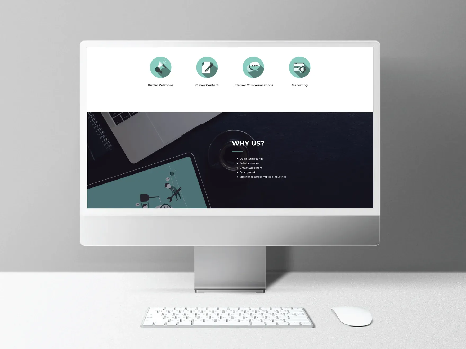 Convey website services section on a desktop monitor with four service icons and a dark Why us panel.