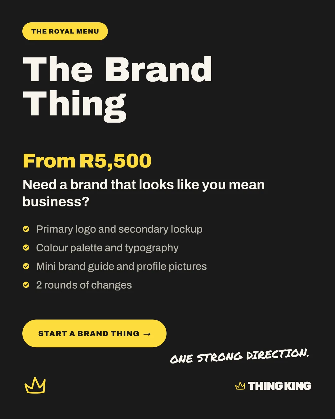 Thing King Instagram post on black announcing The Brand Thing from R5,500 with a yellow Start a Brand Thing button.